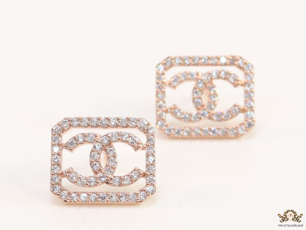 Rose gold plated square cz stud with twin C motif