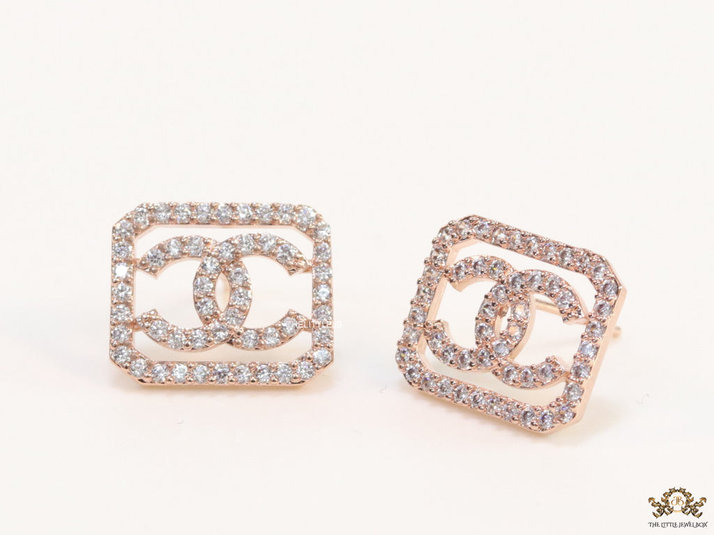 Rose gold plated square cz stud with twin C motif