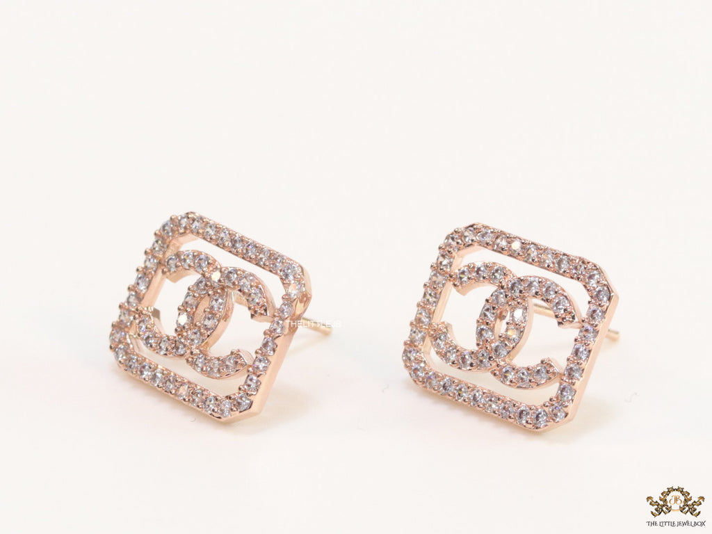 Rose gold plated square cz stud with twin C motif