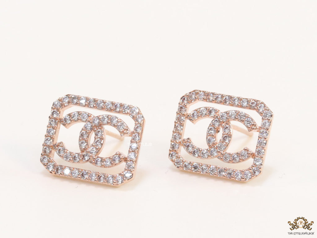Rose gold plated square cz stud with twin C motif