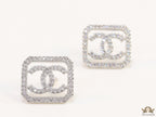 Platinum plated square cz stud with twin C motif