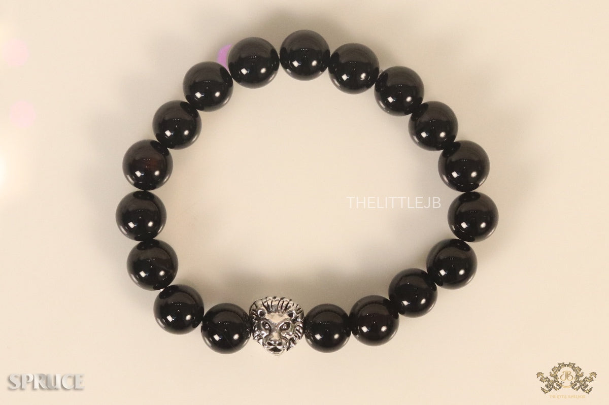 Glossy onyx beads bracelet with lion motif