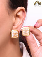Square pink enamel Double C gold earrings