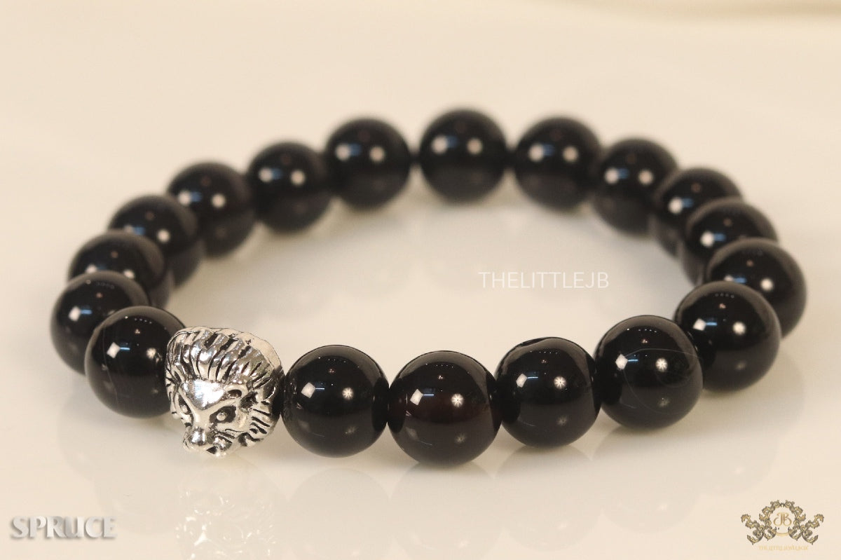 Glossy onyx beads bracelet with lion motif