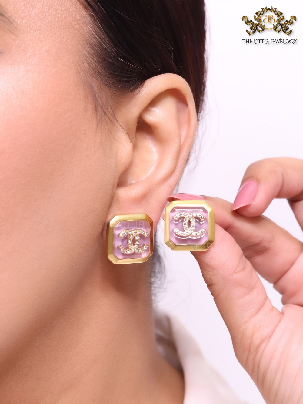 Square purple enamel Double C gold earrings