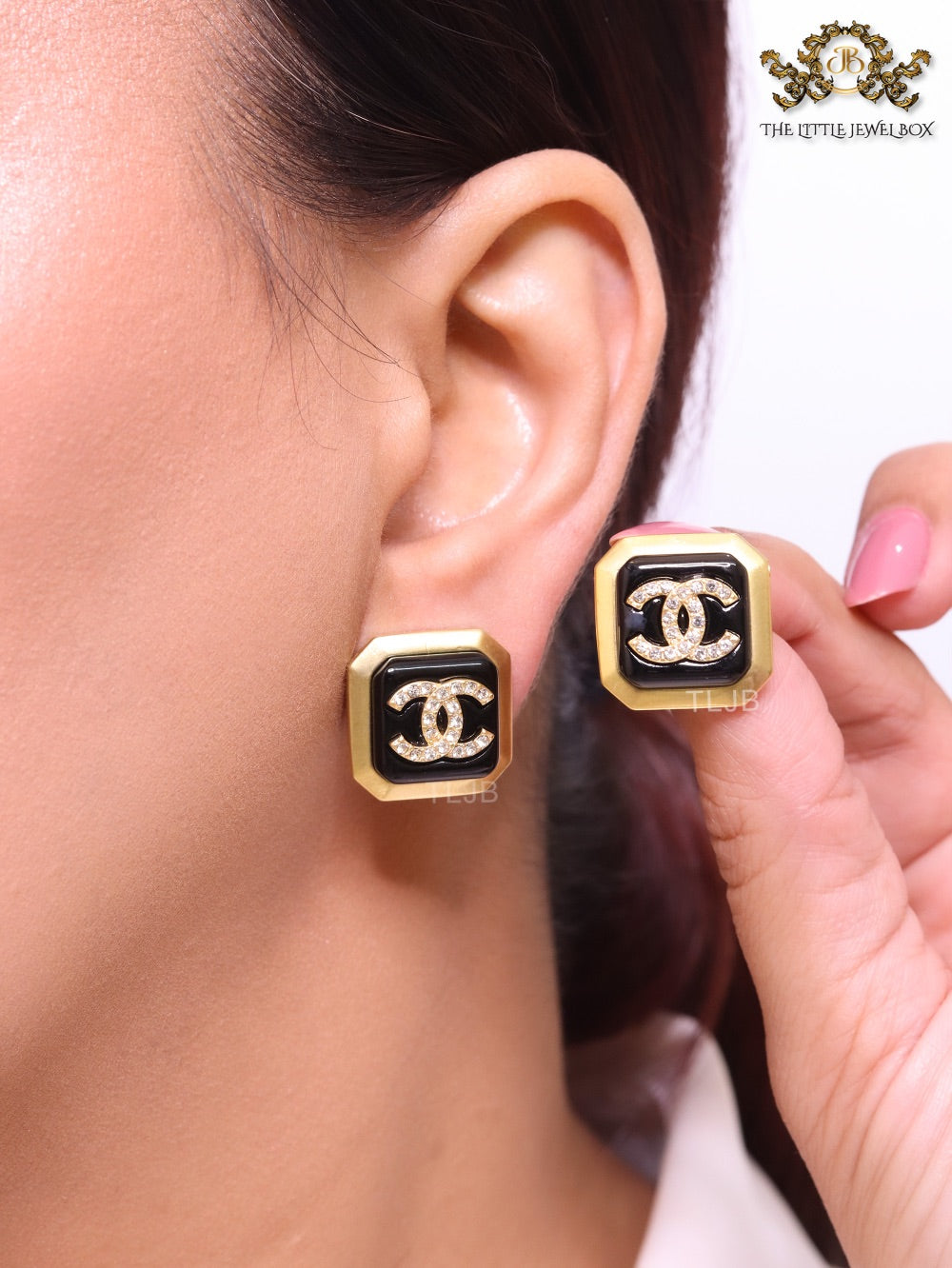 Square black enamel Double C gold earrings