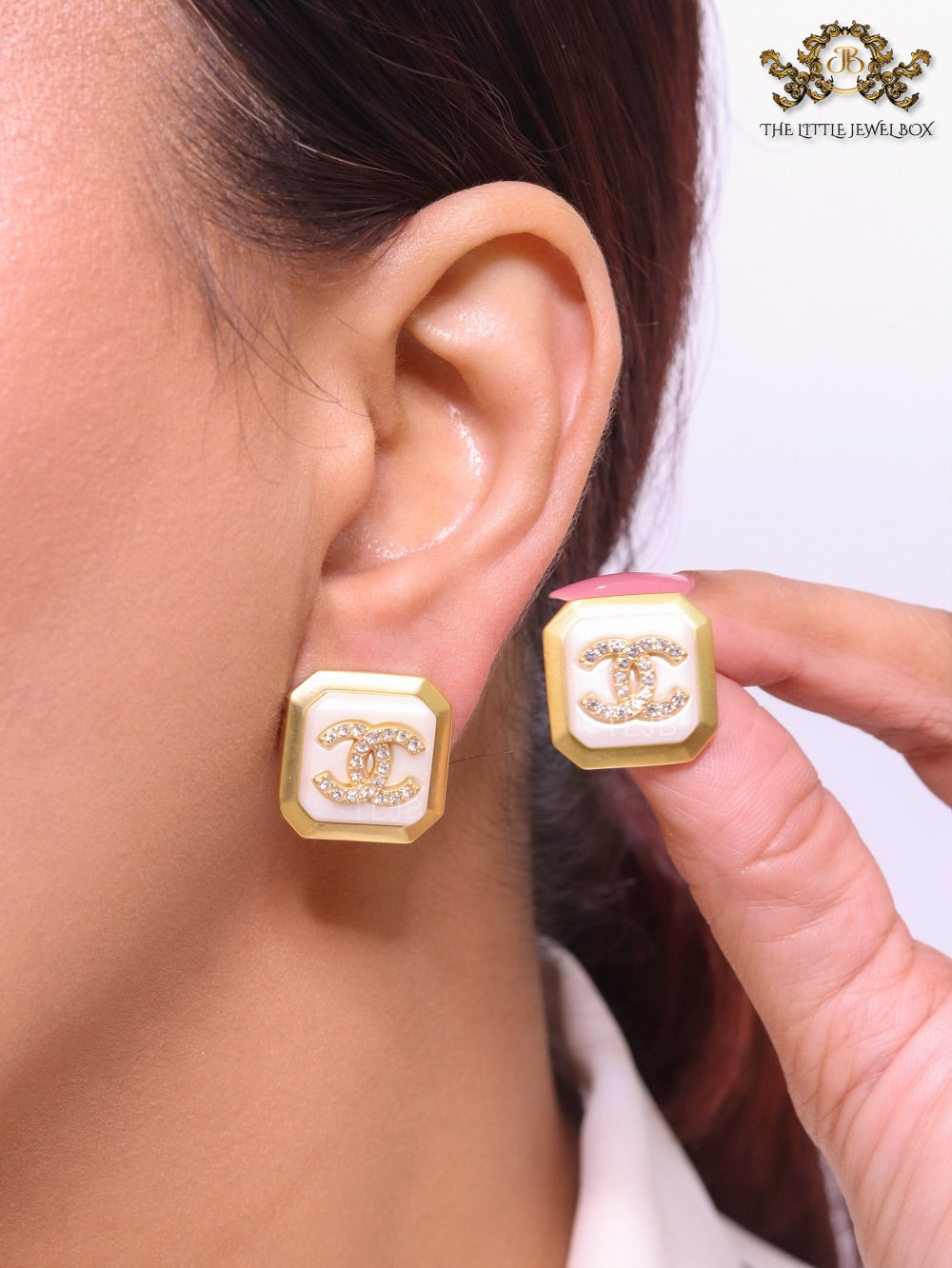 Square white enamel Double C gold earrings