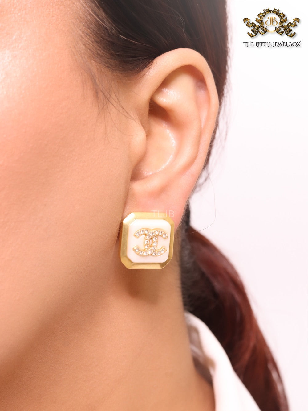 Square white enamel Double C gold earrings