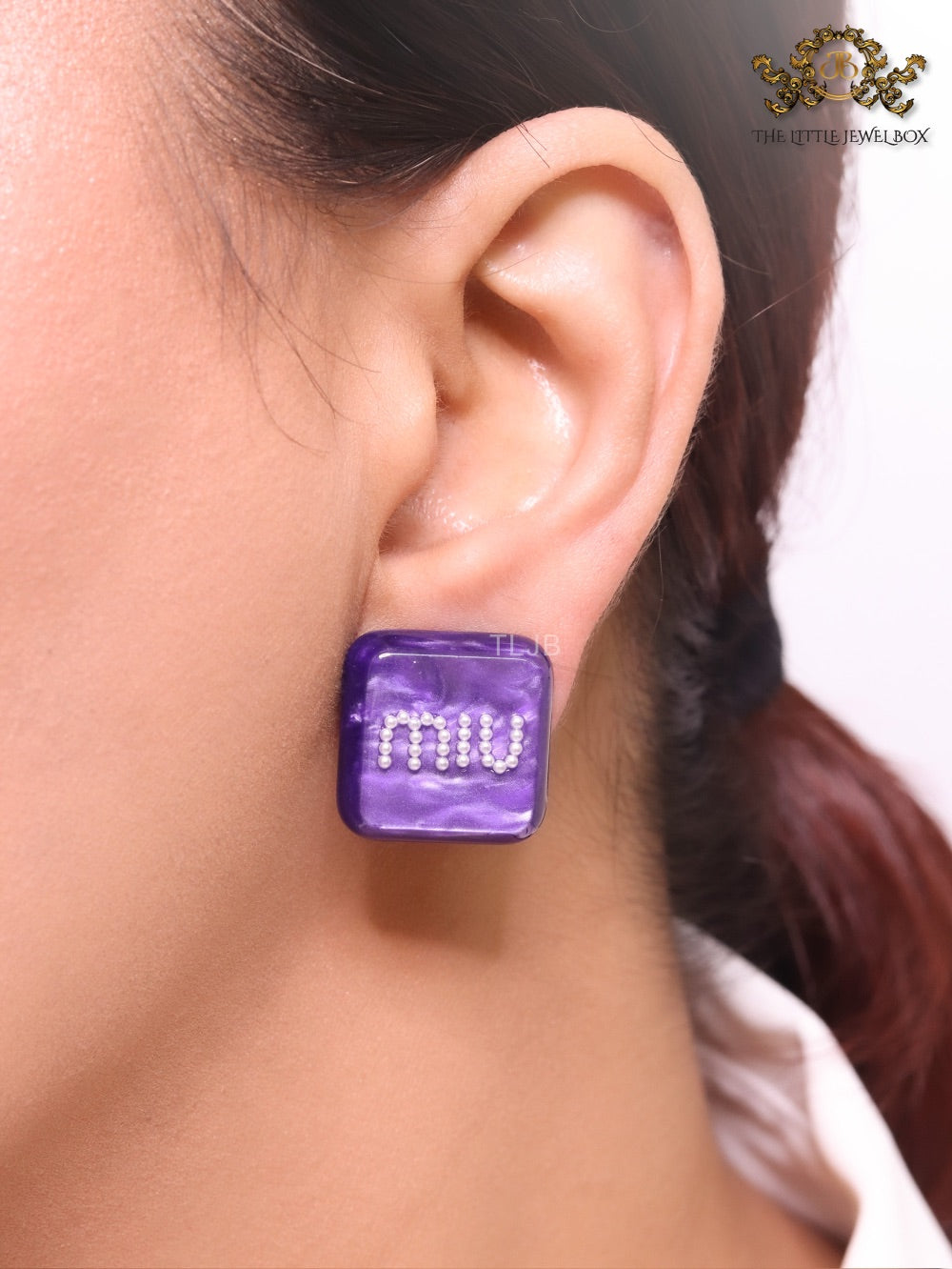 Purple enamel and pearl earrings