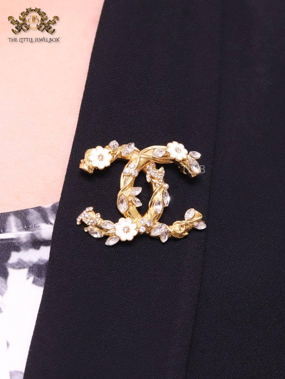 Gold Double C brooch with enamel flowers and cz leaves