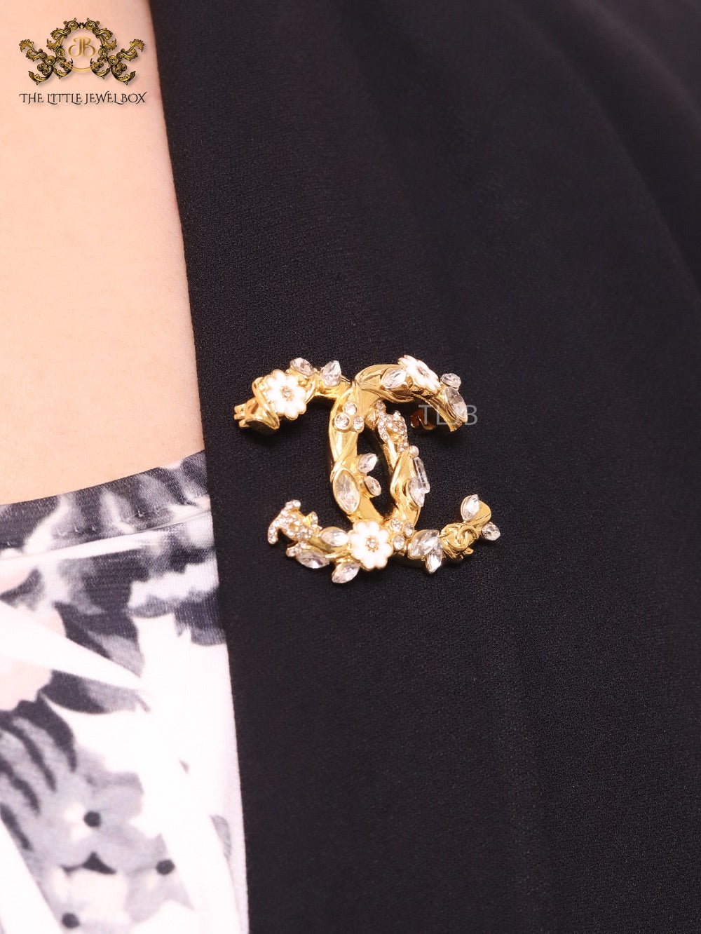 Gold Double C brooch with enamel flowers and cz leaves