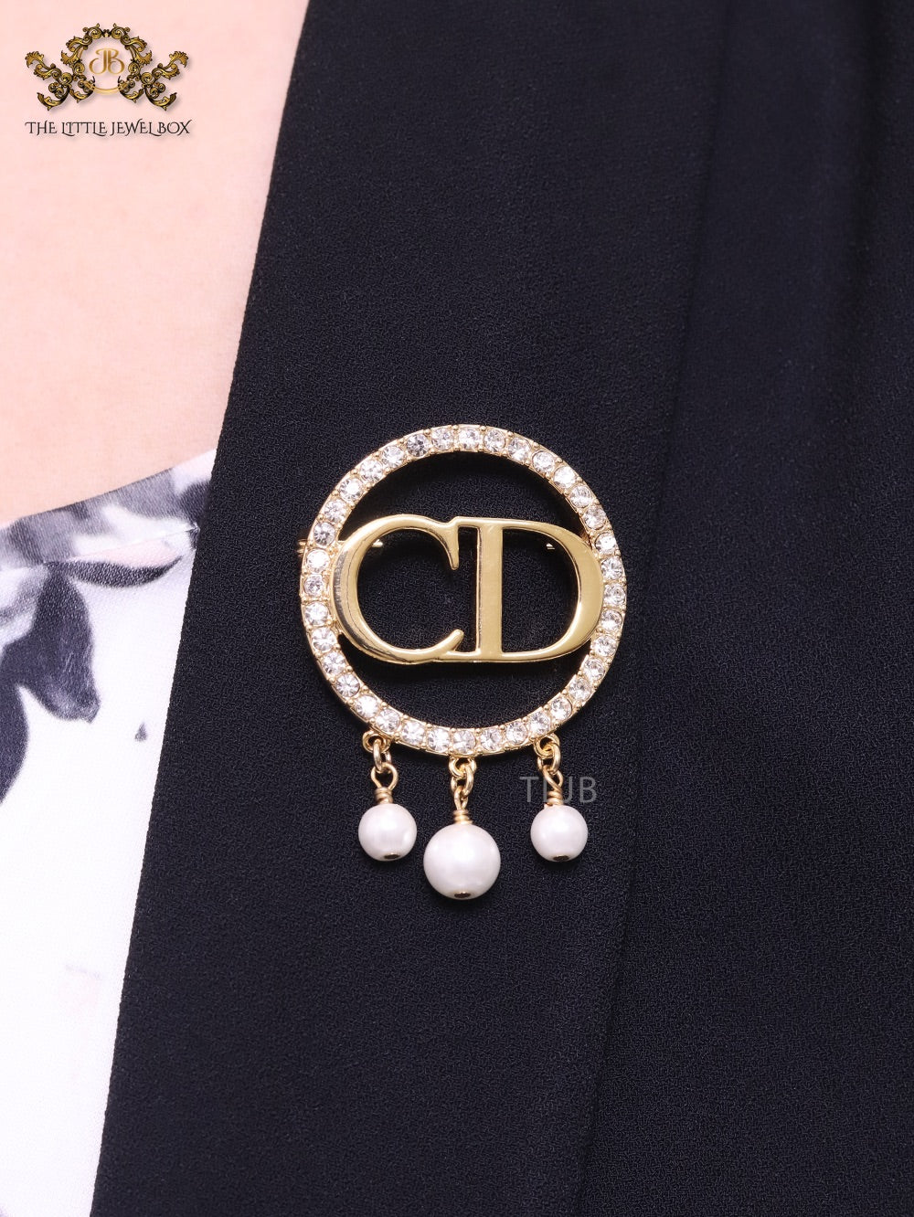 Gold Alphabet C and D brooch with cz and pearl dangles