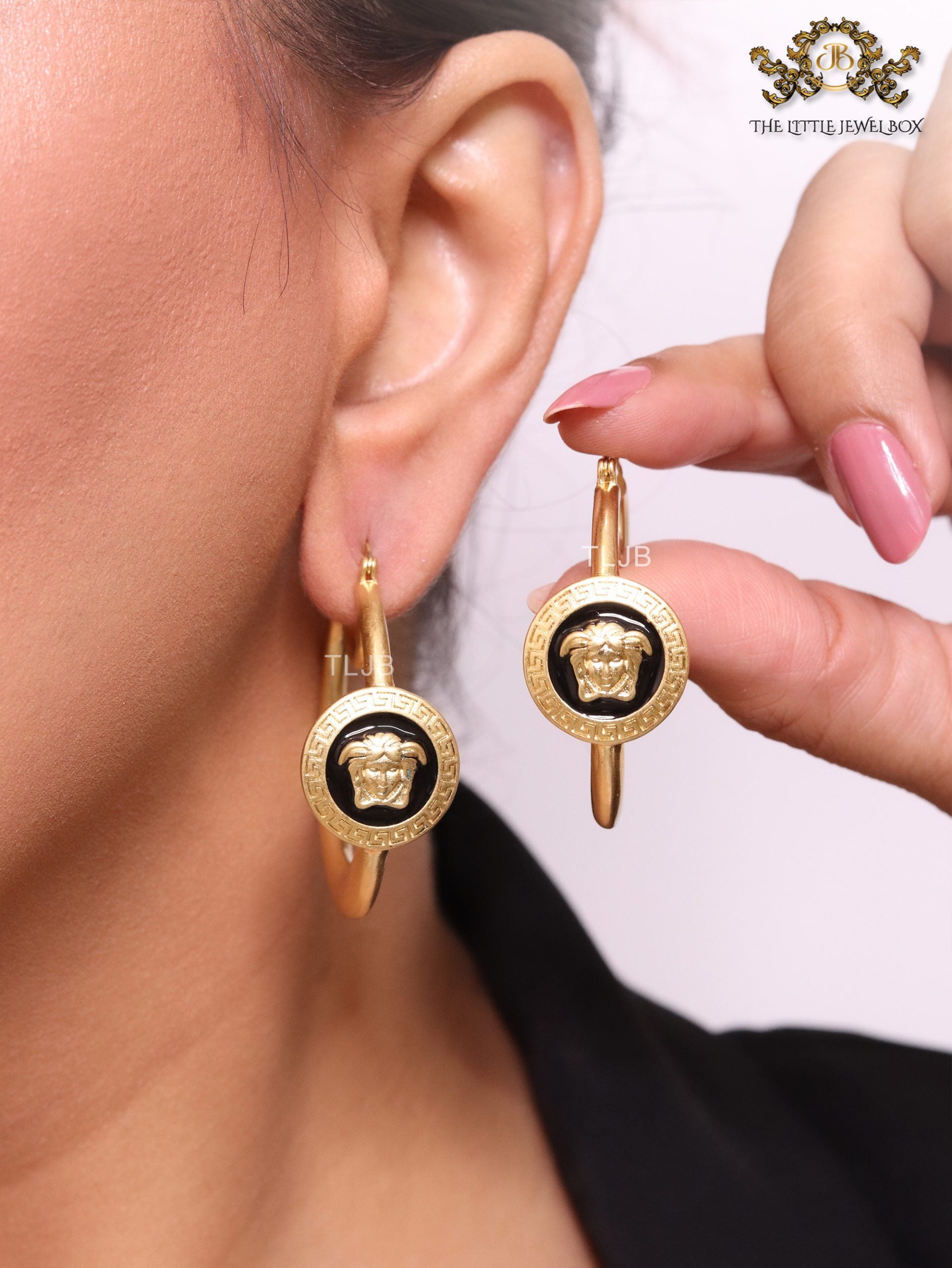 Gold Medusa on Black enamel hoops