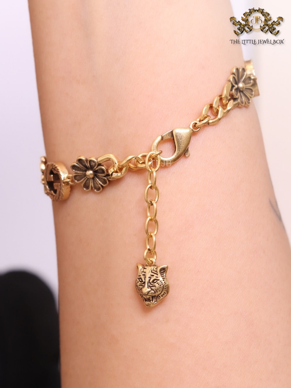 Rustic gold Double G and flowers bracelet with ruby