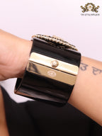 Double C clover motif MOP gold white enamel black bracelet