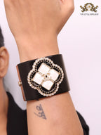 Double C clover motif MOP gold white enamel black bracelet