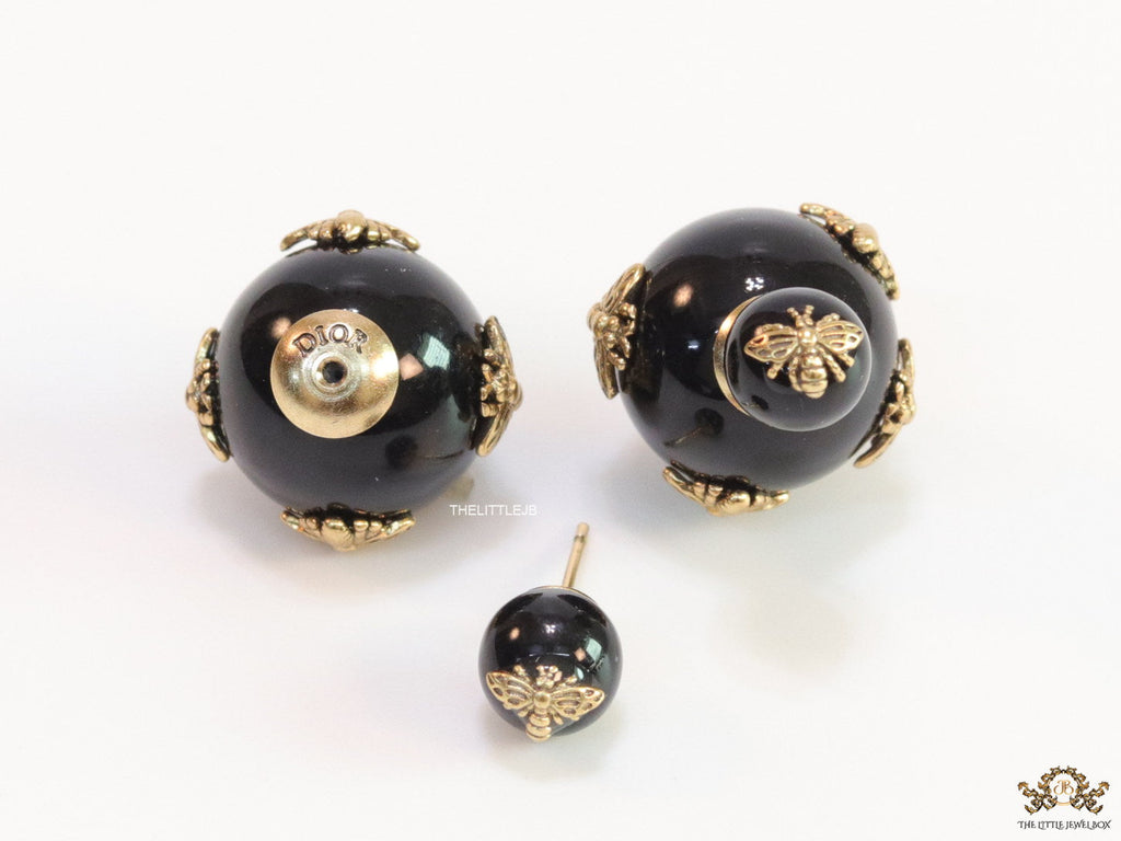 Designer pearl earrings with matte gold flying bee motifs