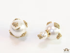 Designer pearl earrings with matte gold bee motifs