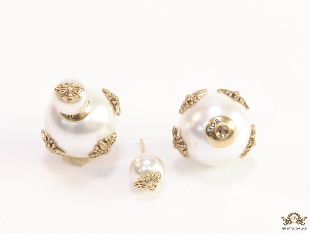 Designer pearl earrings with matte gold bee motifs