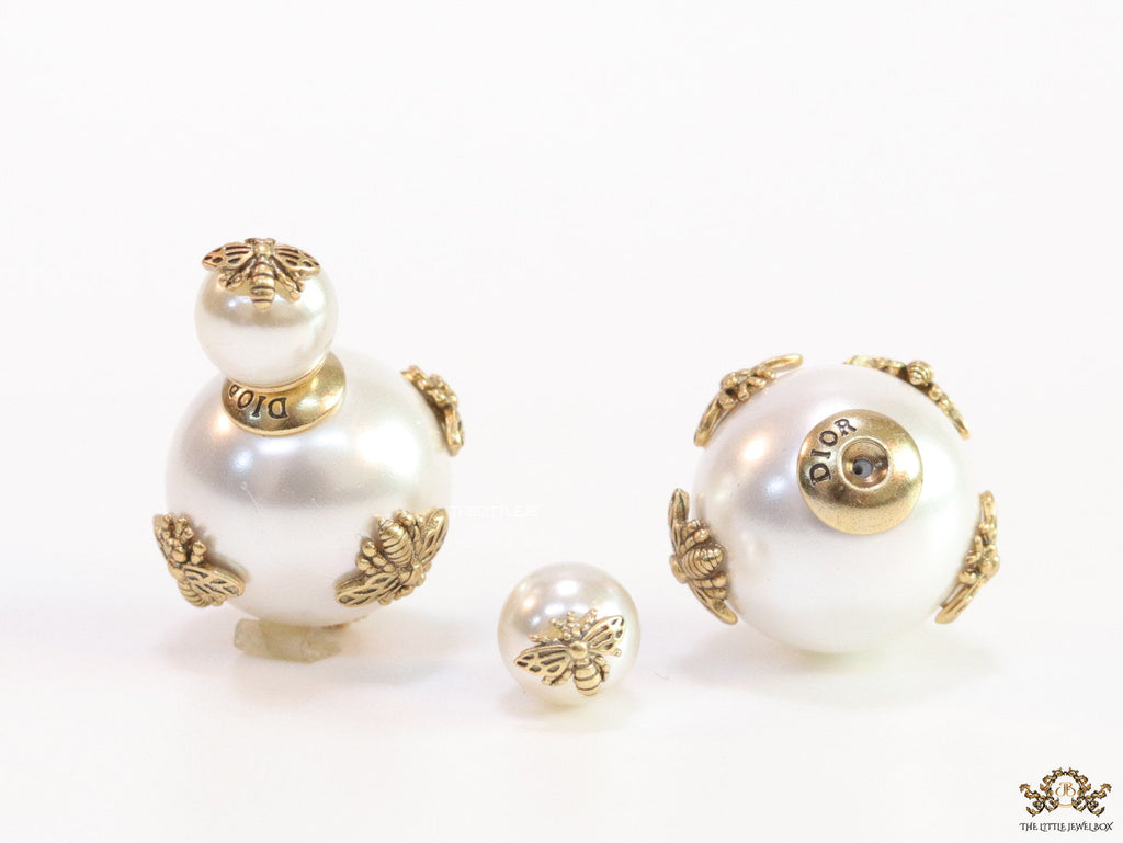 Designer pearl earrings with matte gold bee motifs