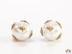 Designer pearl earrings with matte gold bee motifs