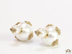 Designer pearl earrings with matte gold bee motifs