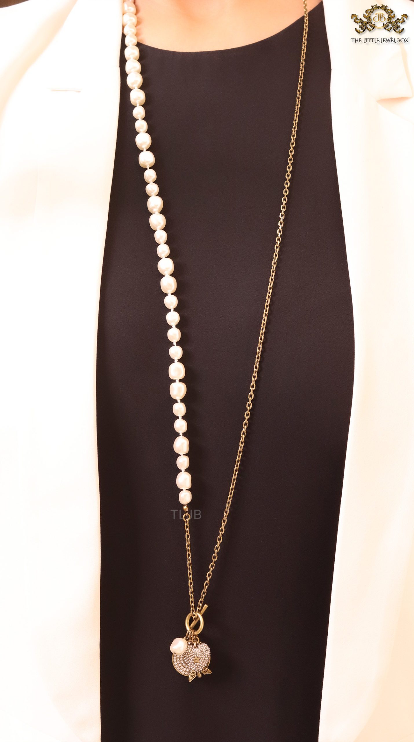 Rustic copper and pearl dragonfly and charms long chain