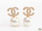 Twin C motif stud in gold and cz with pearl drop