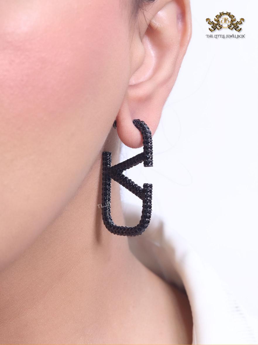 Alphabet V black rhinestone hoops