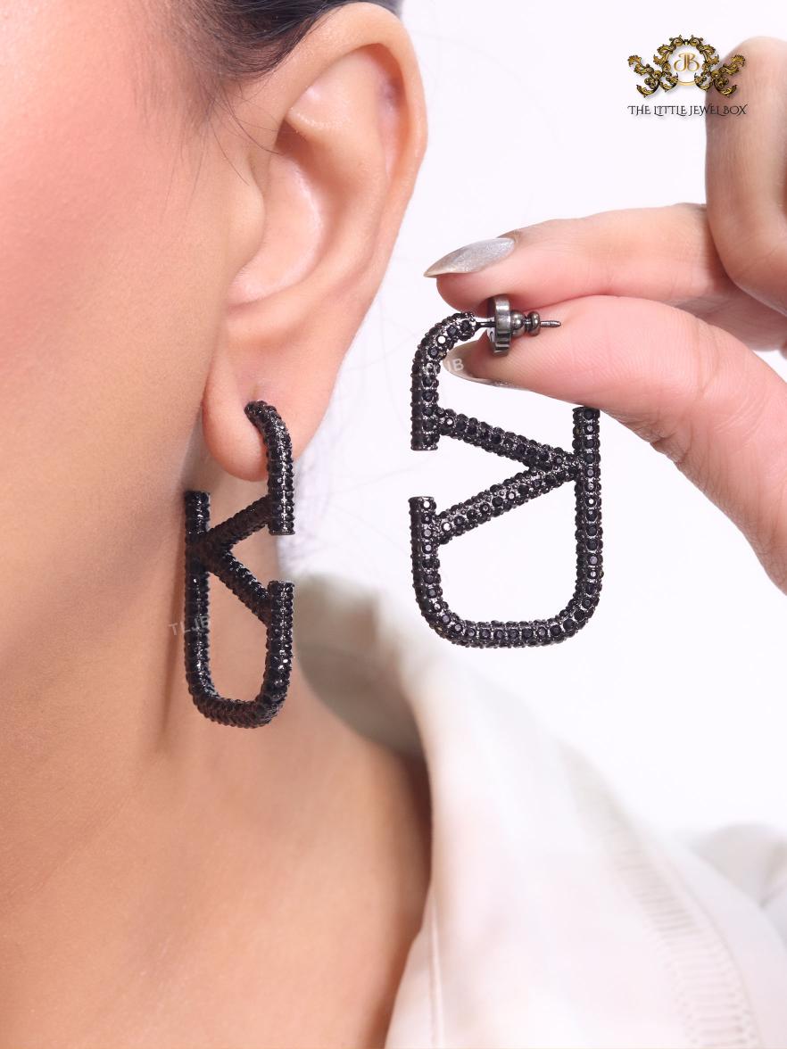 Alphabet V black rhinestone hoops