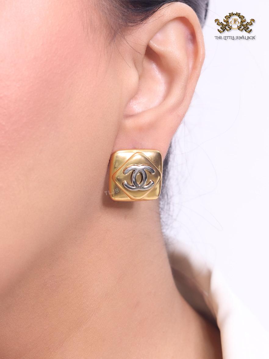 Double C matte gold and silver square studs with alphabet