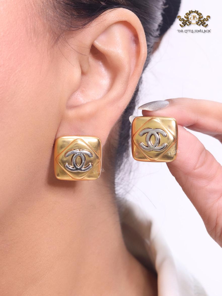 Double C matte gold and silver square studs with alphabet