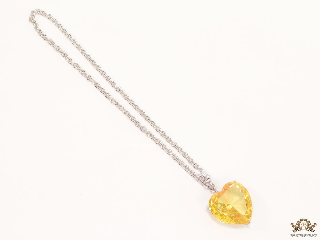 Platinum link chain necklace with Large 35 mm Yellow topaz Heart shaped cz pendant