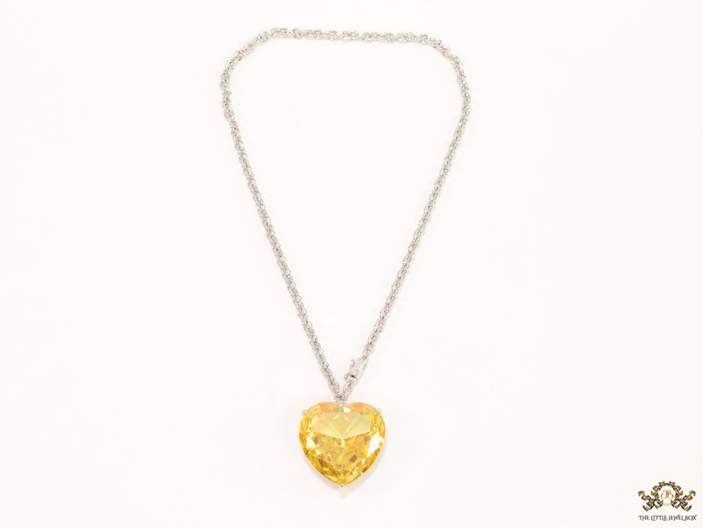 Platinum link chain necklace with Large 35 mm Yellow topaz Heart shaped cz pendant