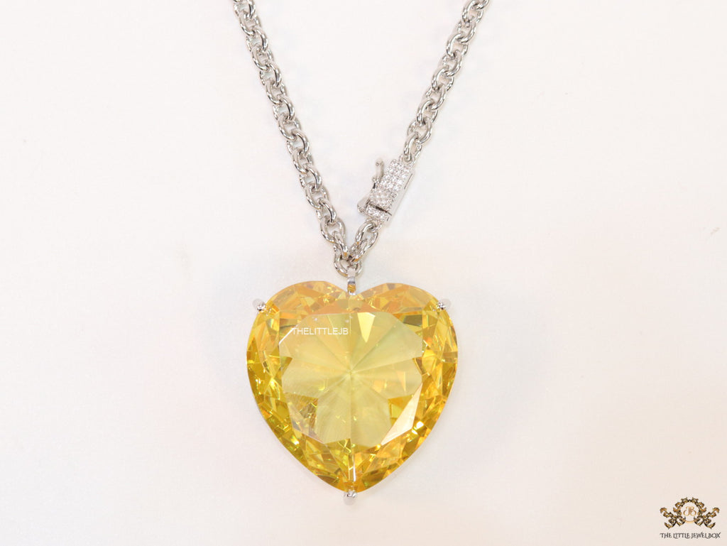 Platinum link chain necklace with Large 35 mm Yellow topaz Heart shaped cz pendant