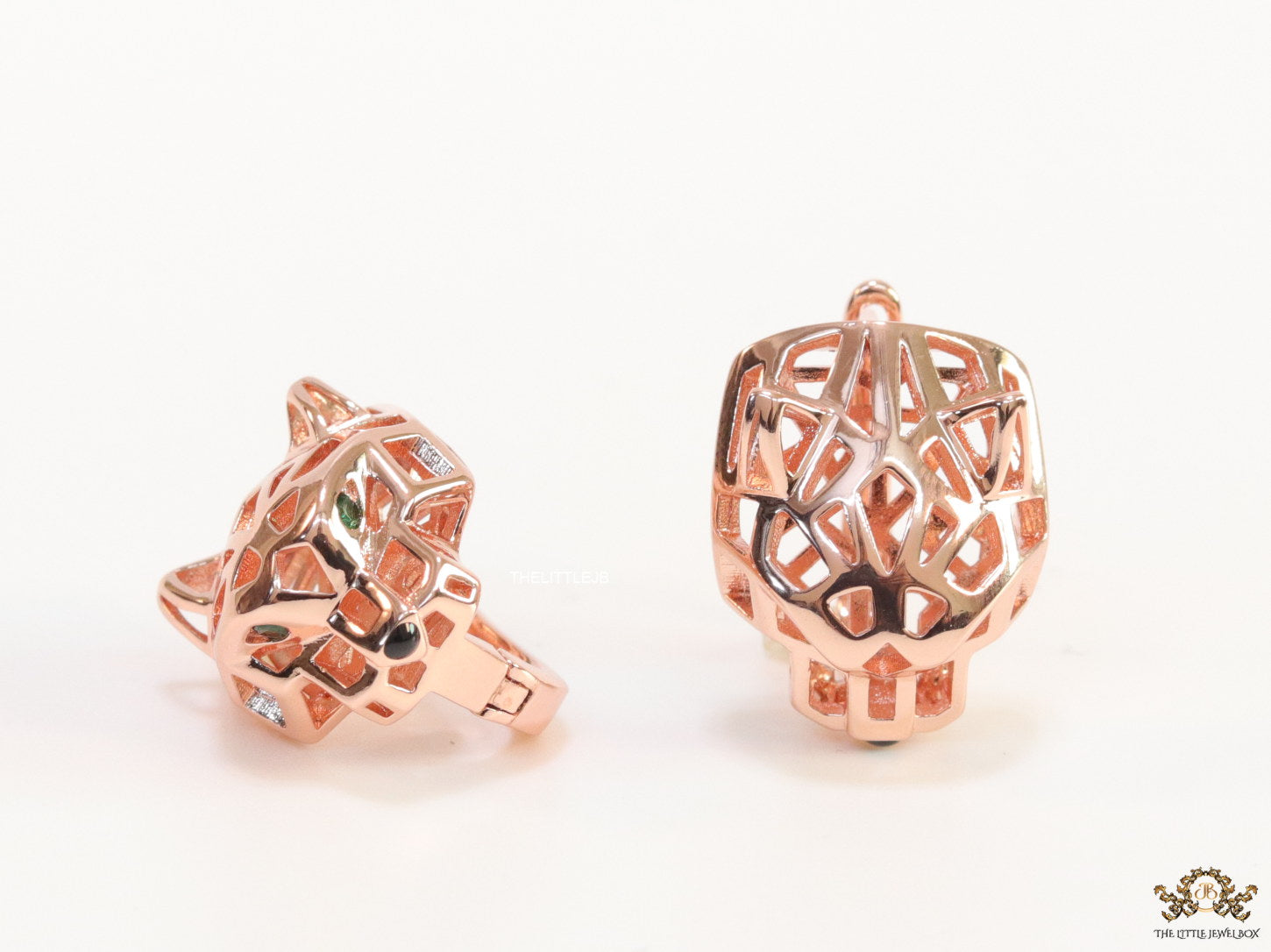 Rose gold plated panther face clip back studs in cutwork
