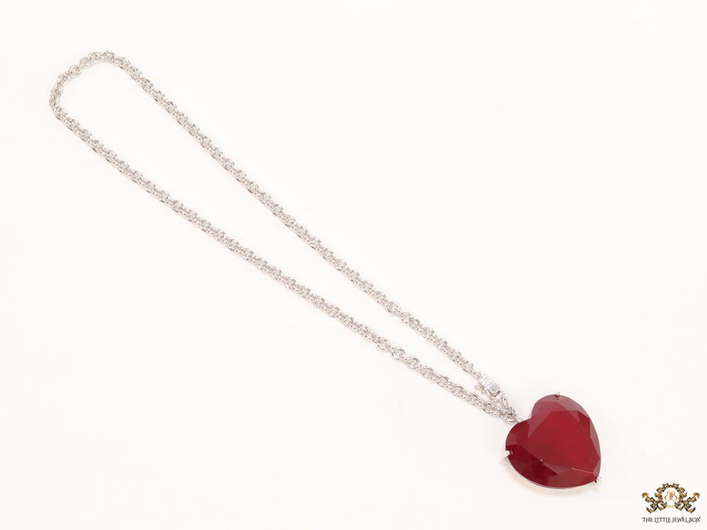 Platinum link chain necklace with Large 35 mm Ruby Heart shaped cz pendant