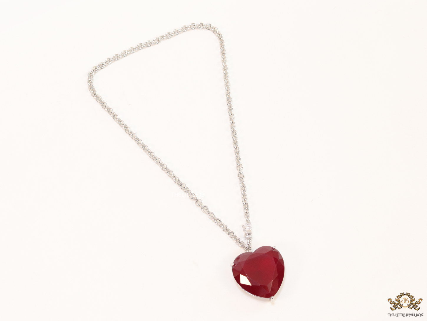 Platinum link chain necklace with Large 35 mm Ruby Heart shaped cz pendant