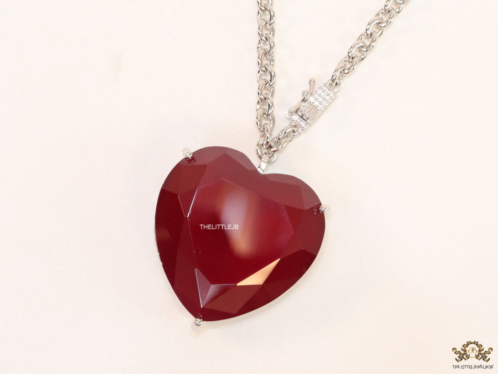 Platinum link chain necklace with Large 35 mm Ruby Heart shaped cz pendant