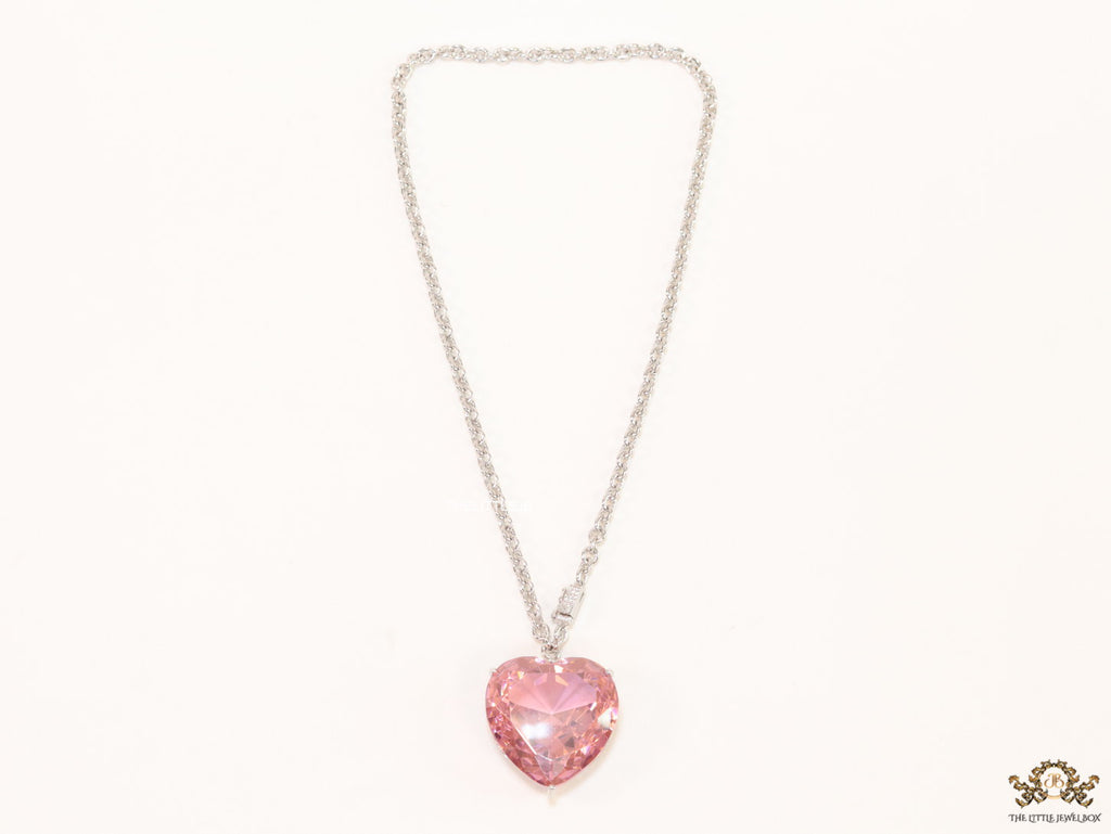 Platinum link chain necklace with Large 35 mm Pink Heart shaped cz pendant