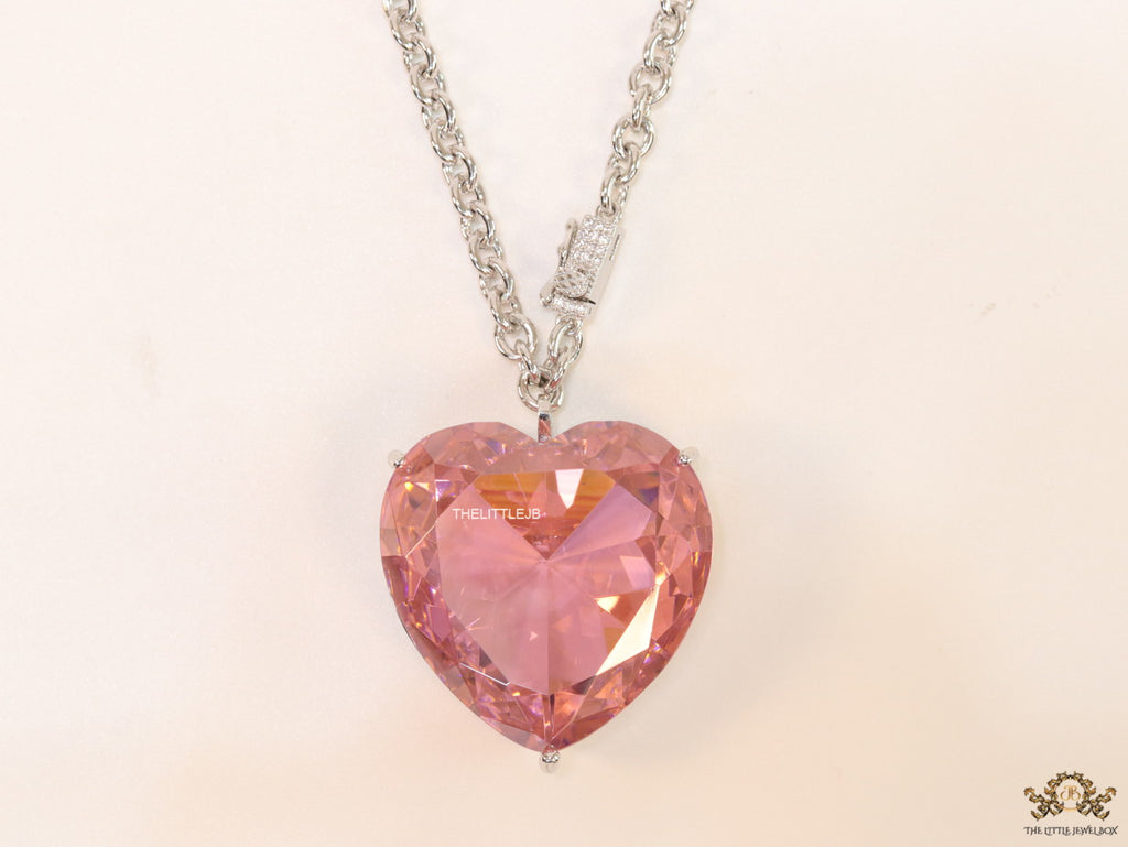 Platinum link chain necklace with Large 35 mm Pink Heart shaped cz pendant