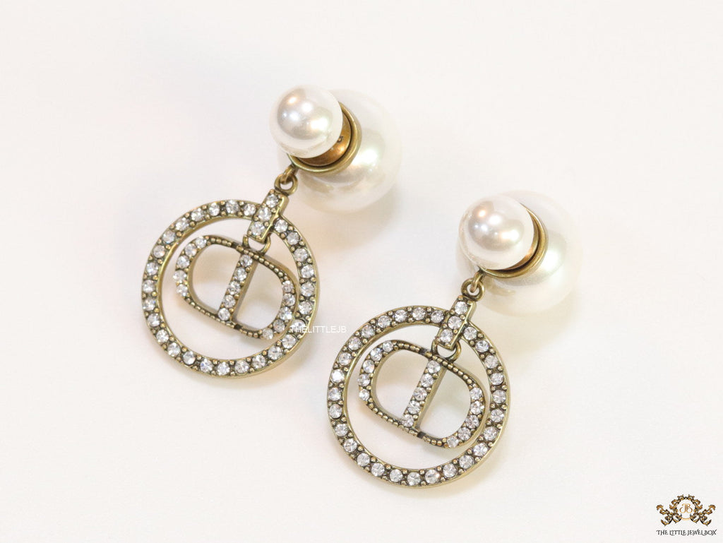 Pearl bomber earrings with gold plated cz alphabets drop