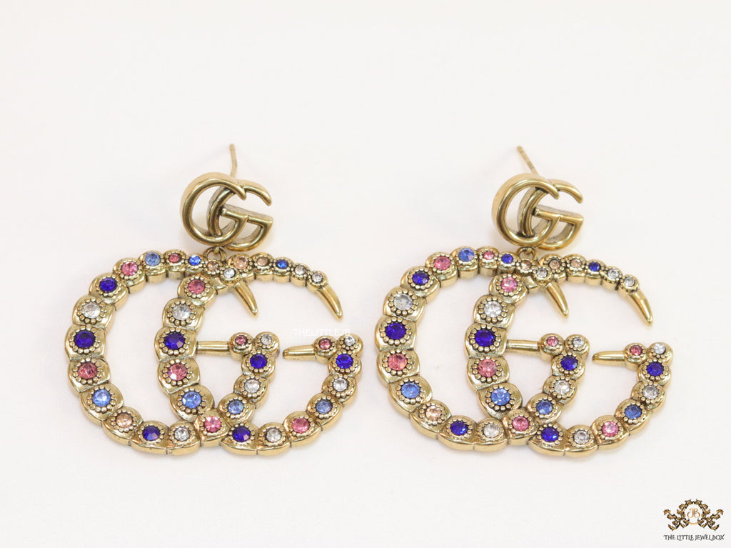 Multicolour twin G motif hanging earrings with twin G tops in gold plating