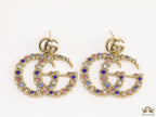 Multicolour twin G motif hanging earrings with twin G tops in gold plating