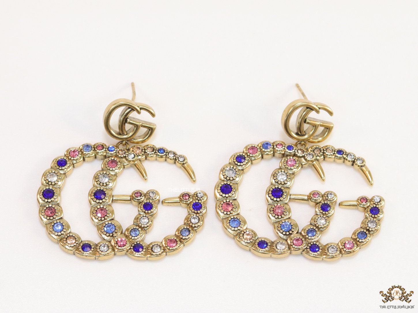 Multicolour twin G motif hanging earrings with twin G tops in gold plating