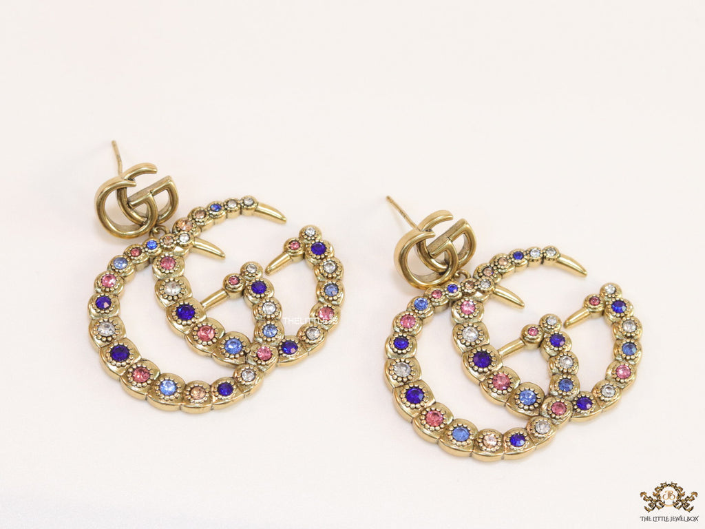 Multicolour twin G motif hanging earrings with twin G tops in gold plating