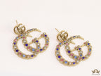 Multicolour twin G motif hanging earrings with twin G tops in gold plating
