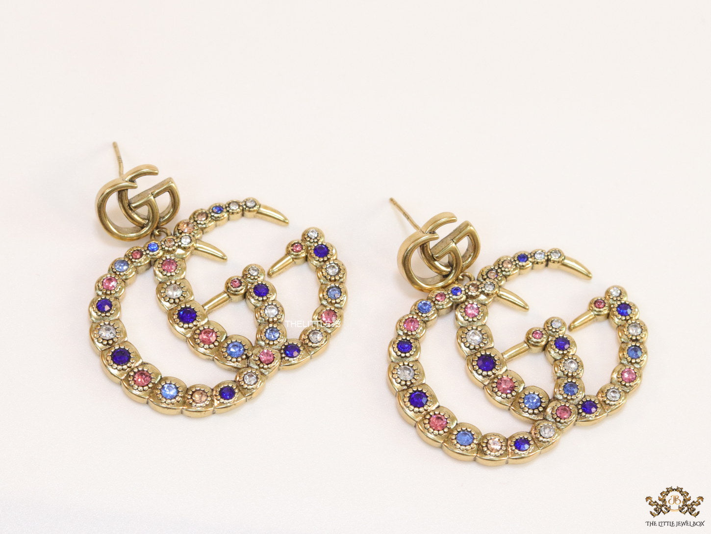 Multicolour twin G motif hanging earrings with twin G tops in gold plating