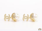 Gold plated twin C earrings in cz with cz capped pearl drop