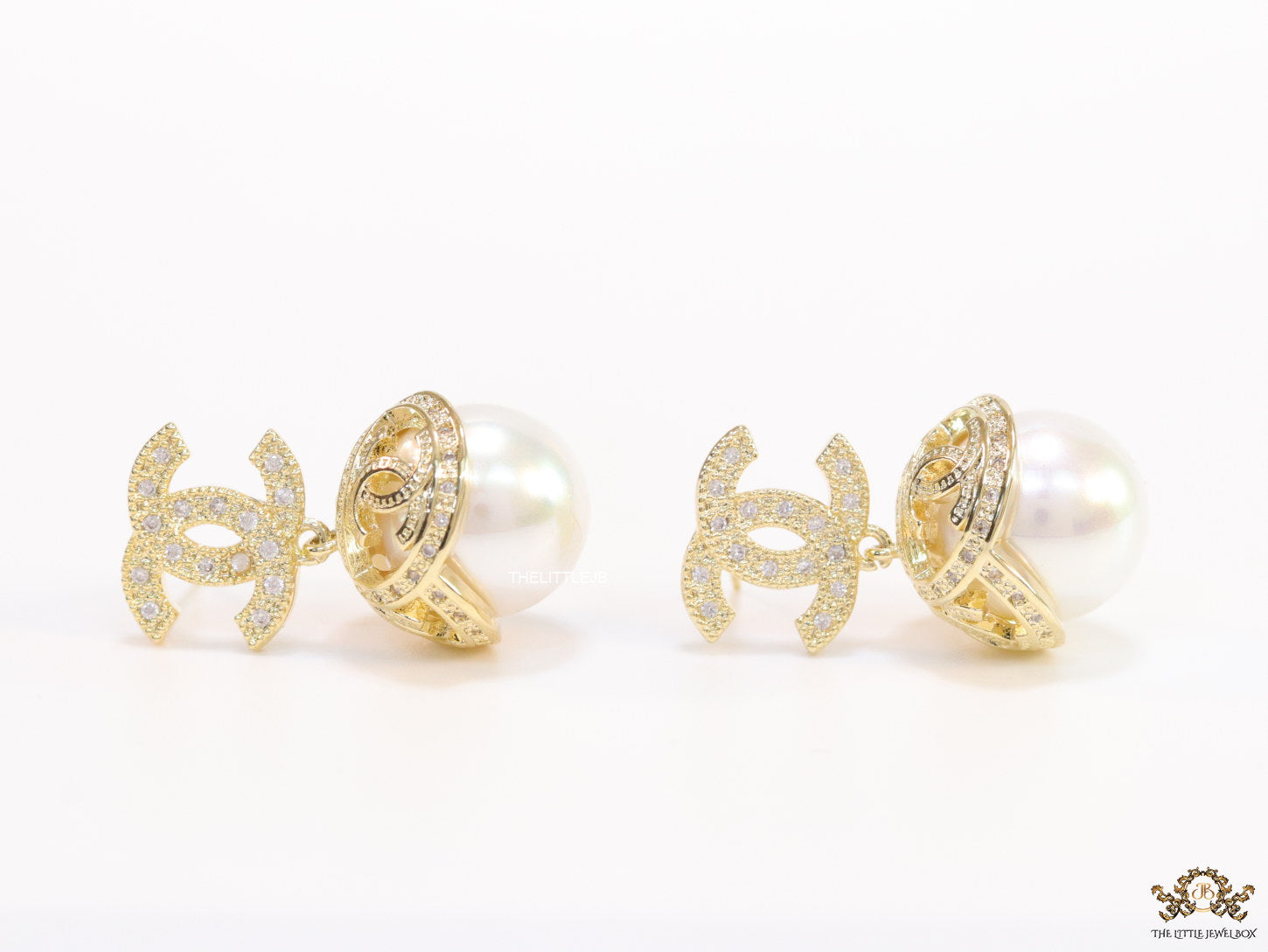 Gold plated twin C earrings in cz with cz capped pearl drop